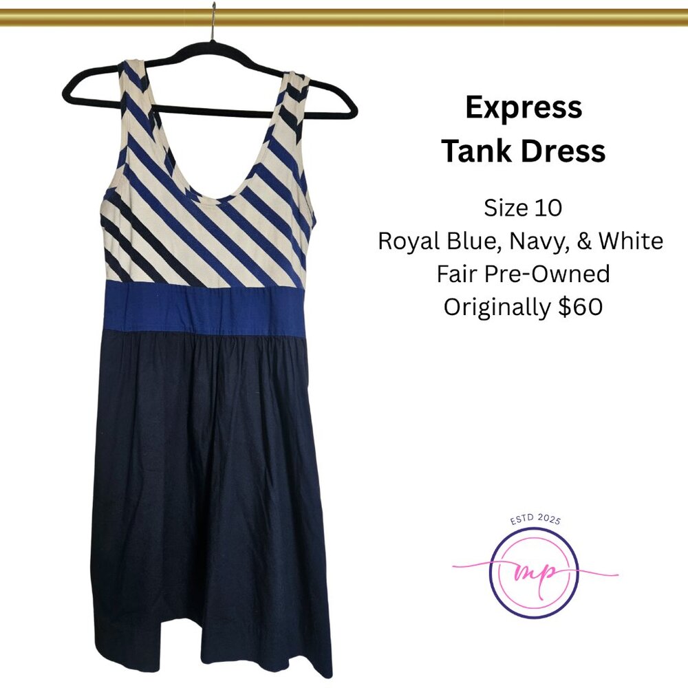 Stylish & Comfortable: Royal Blue & Navy Striped Tank Dress - Size 10
